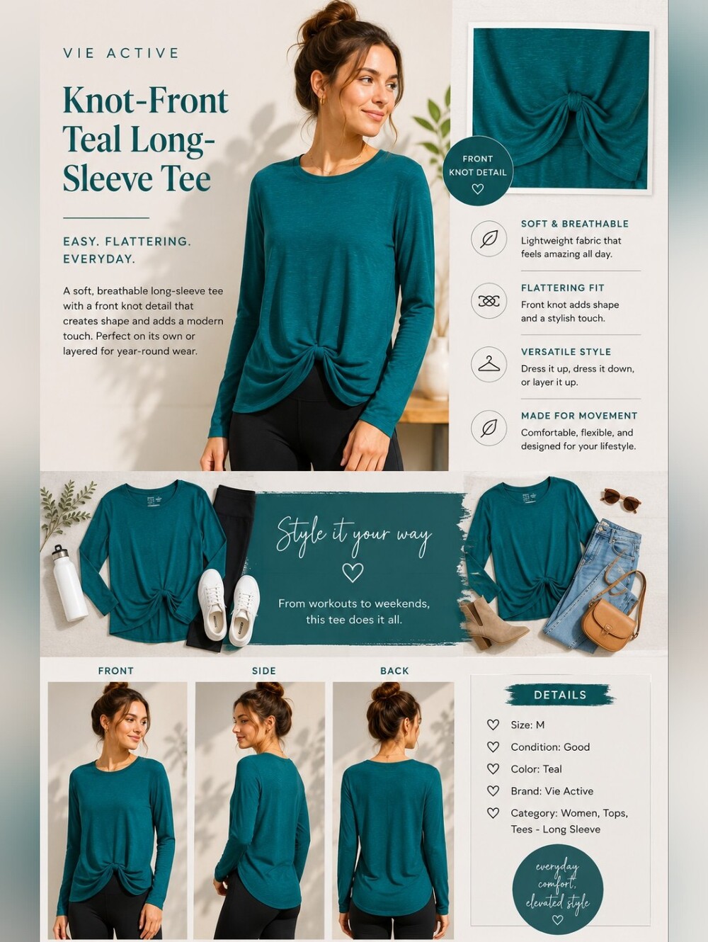 Vie Active Teal Knot Front Long Sleeve Top Women's Medium Athleisure
